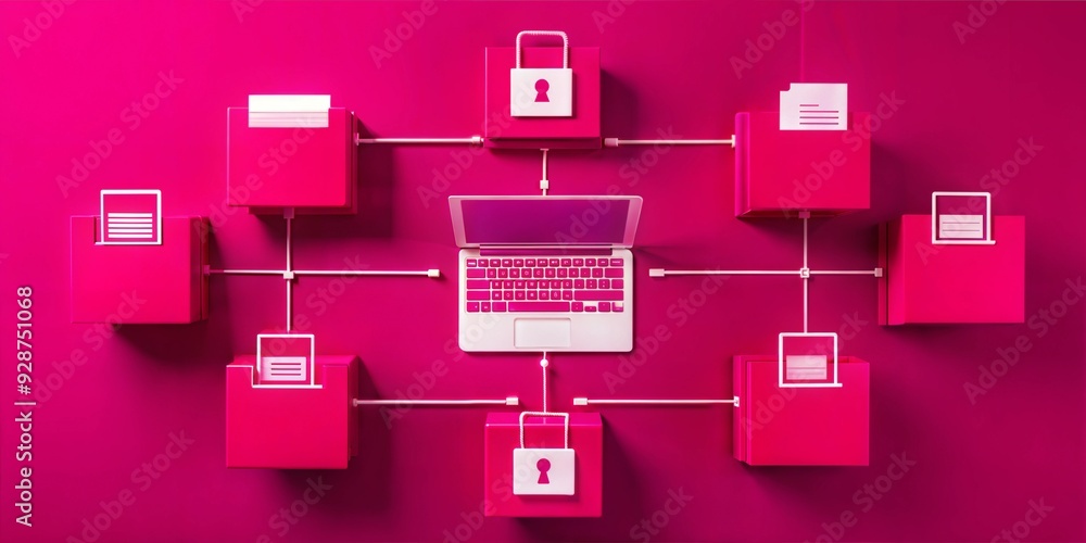 Poster secure data hub: a laptop at the heart of a secure data network, with folders and padlocks symbolizi