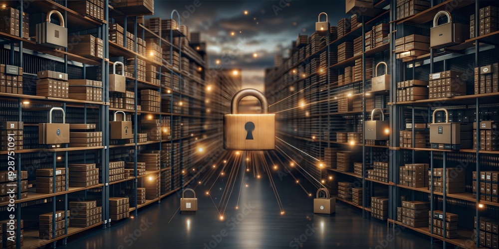 Poster warehouse security: a vast, digital warehouse with rows of glowing packages and a large padlock in t