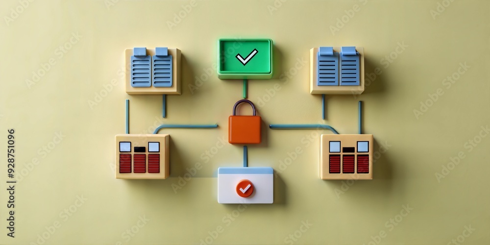 Poster secure data network: a playful 3d rendering illustrating a secure network connection, with data bloc
