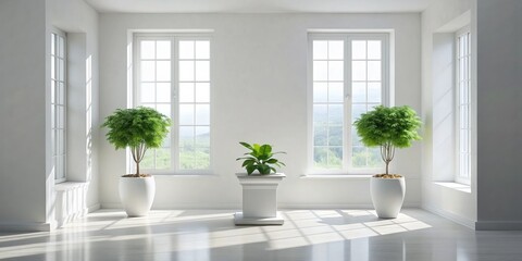 Minimalist White Room with Windows and Plants, 3D Rendering, Interior Design, White Walls, White Floor, Windows, Plants