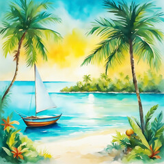 A serene tropical beach with lush palm trees, sailboats in the ocean, and vibrant sunset skies. Perfect vacation scenery for relaxation and tranquility