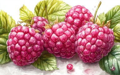 Fresh and vibrant raspberries with lush green leaves, perfect for adding a touch of color to any culinary or artistic project.