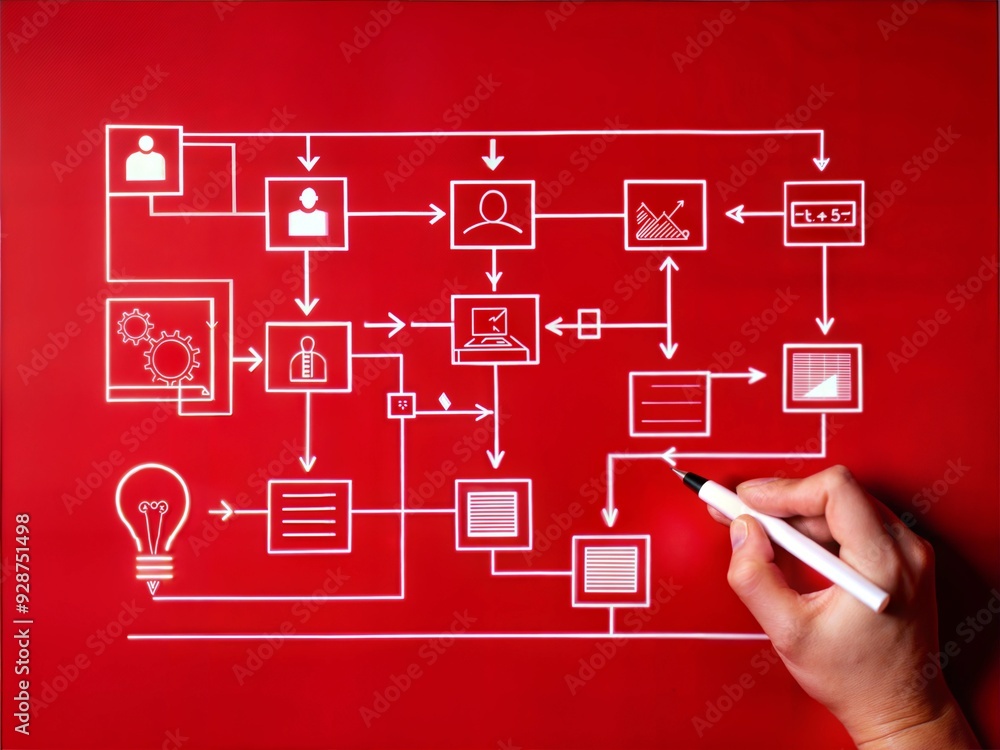 Poster business process flowchart on red background: a hand draws a detailed flowchart on a vibrant red bac