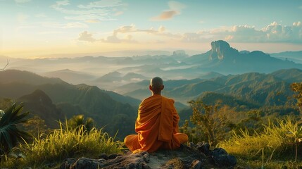 Fototapeta premium Silhouette Buddhist monk meditation on the rock side with a high mountain Generative AI