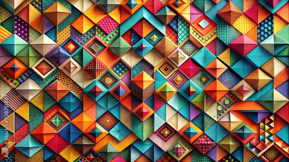 Poster abstract geometric mosaic: a vibrant tapestry of colorful triangles, interwoven with intricate patte