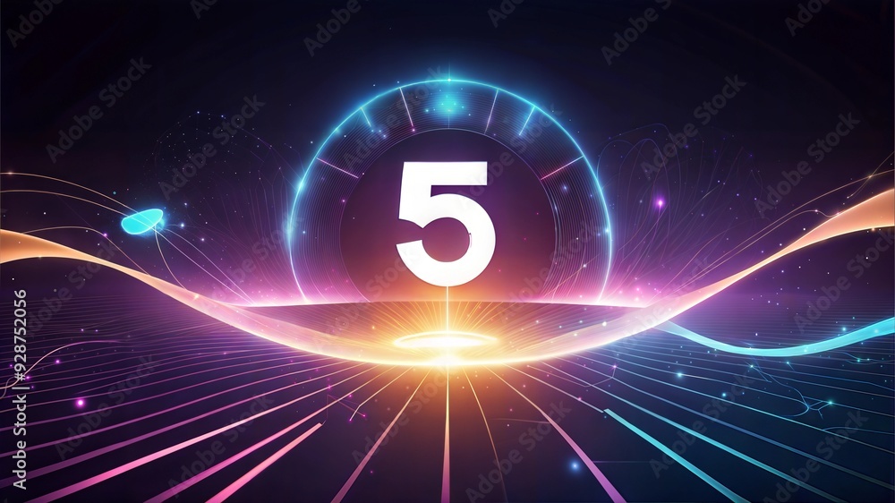 Poster countdown to launch: a futuristic, abstract countdown timer with a glowing number 5 set against a ba
