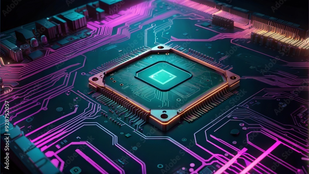 Poster neon brain: a high-tech cpu glows with vibrant colors, illuminating the intricate circuitry of a mod