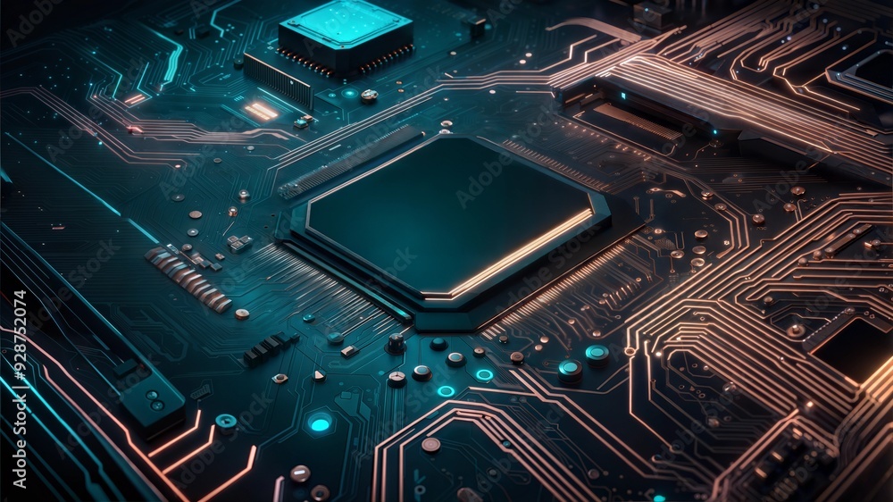 Poster neon brain: a high-tech cpu glows with vibrant colors, illuminating the intricate circuitry of a mod