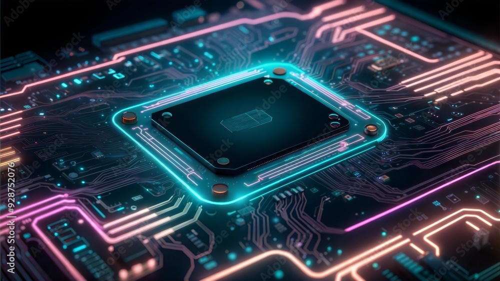Poster neon brain: a high-tech cpu glows with vibrant colors, illuminating the intricate circuitry of a mod