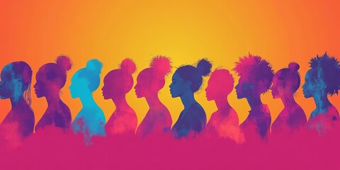 cross cultural, racial equality, multi ethical, diversity people. woman and man power, empowerment, tolerance, discrimination. wide banner background of human profile silhouette, AI