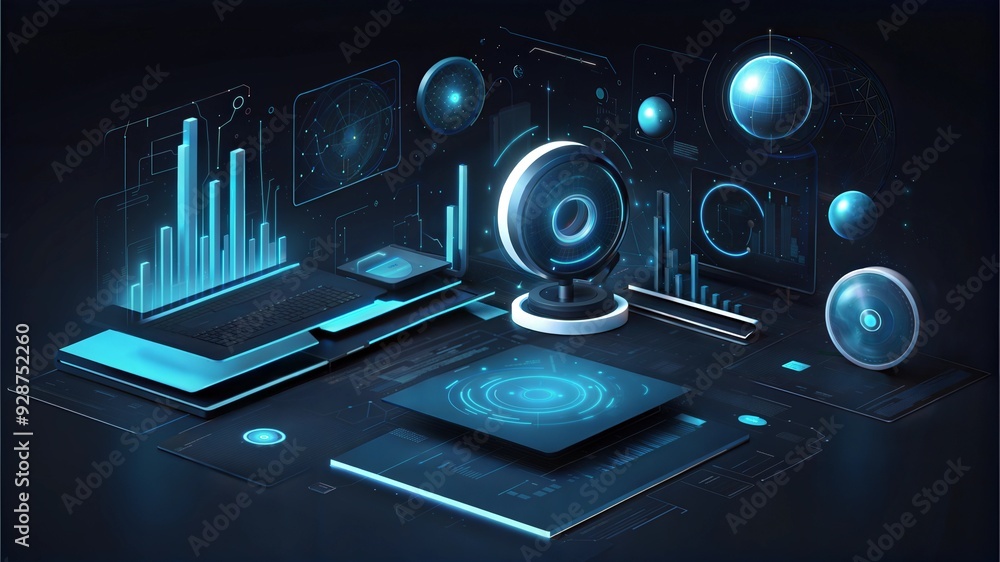 Poster cyber command center: isometric view of futuristic data analytics platform, glowing blue with charts