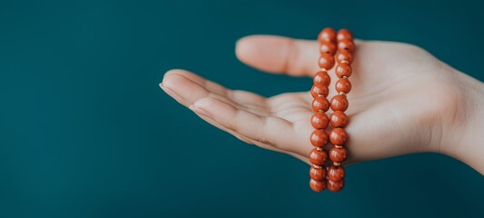 Fototapeta premium A serene hand holding a strand of orange beads, symbolizing mindfulness and spiritual practice against a soothing background.