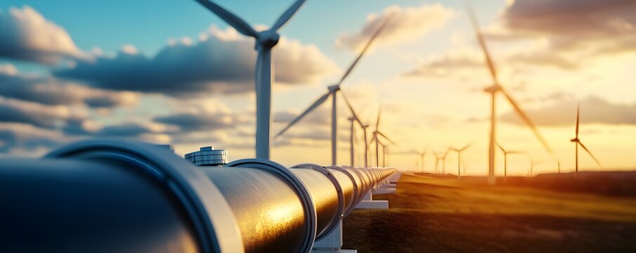 Cinematic shot of a hydrogen pipeline connecting to a wind farm, capturing the innovation in renewable energy systems