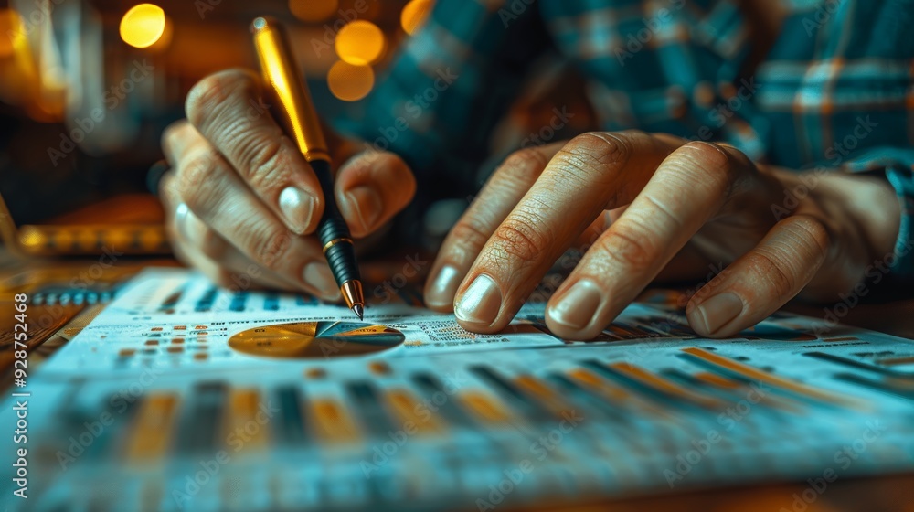 Poster person analyzing financial charts and graphs with a pen in a dimly lit workspace