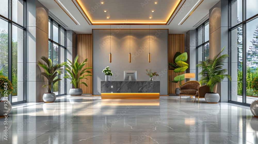 Poster modern reception area with large windows and greenery in a bright lobby