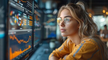 Naklejka premium Young woman analyzing financial data on screens in a modern office during the daytime