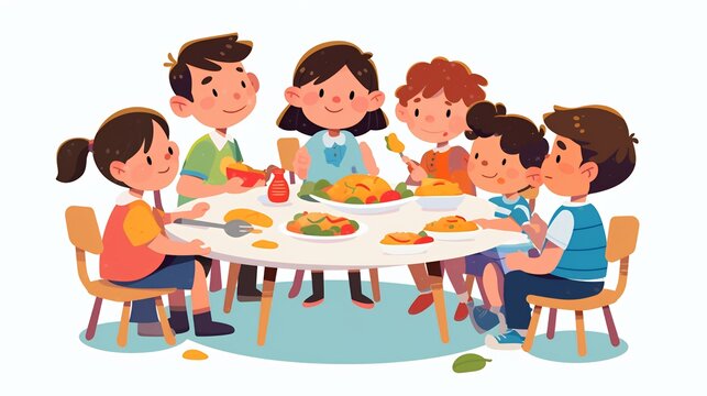 Six children sitting around a table eating food, enjoying a meal together, in a casual setting.