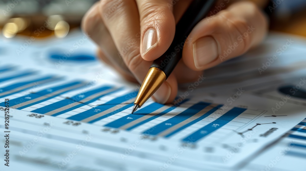 Aufkleber analyzing financial data with a pen in a business office setting
