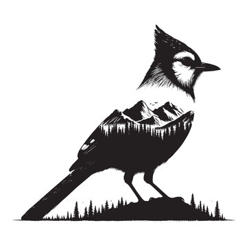 recommend clip art: silhouette of Blue Jay filled with mountain and nature view in rough drawing