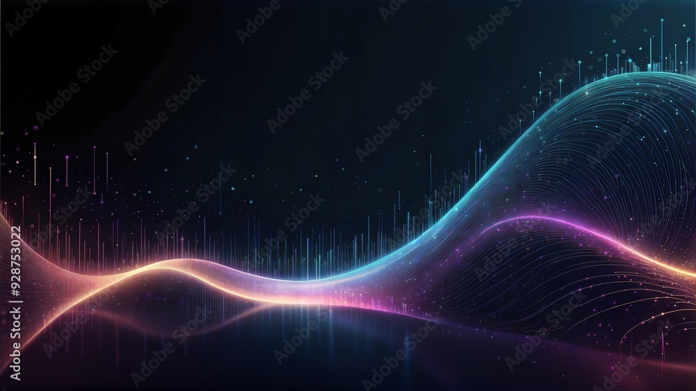 Aufkleber digital ocean: abstract waves of glowing blue data flow across a dark background, representing the v