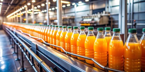 Orange Juice Bottles on Conveyor Belt, Food Production, Beverage Industry, Factory, Bottling