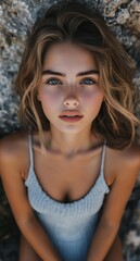 Naklejka premium Beautiful young women lying on top of each other, looking at camera, Generative AI
