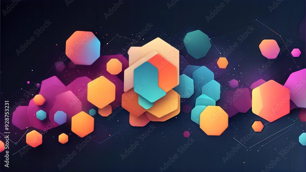 Poster cosmic hexagon symphony: a captivating abstract design featuring vibrant hexagons in a kaleidoscope 