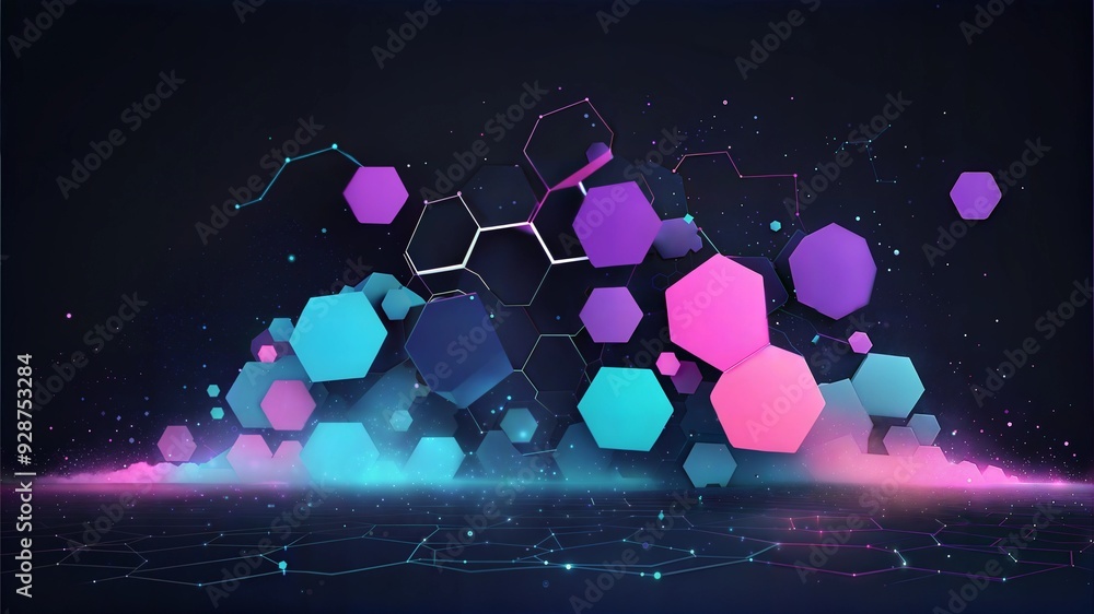 Poster cosmic hexagon symphony: a captivating abstract design featuring vibrant hexagons in a kaleidoscope 