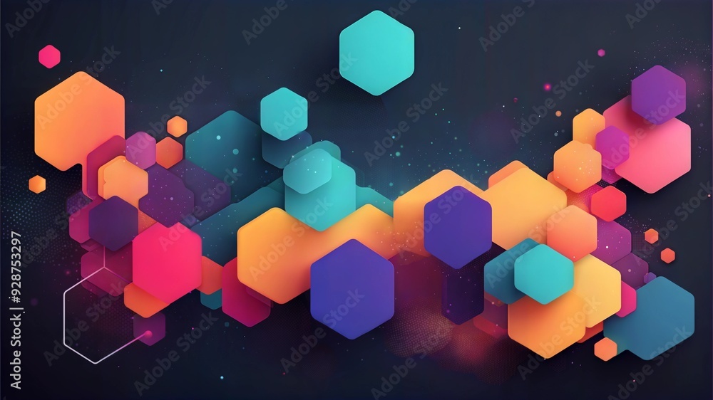 Poster cosmic hexagon symphony: a captivating abstract design featuring vibrant hexagons in a kaleidoscope 