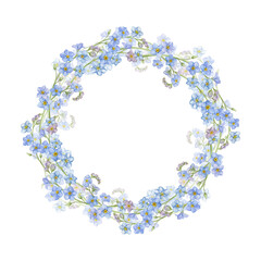 Wreath of forget-me-nots. Spring blue flowers woven into a beautiful wreath.
