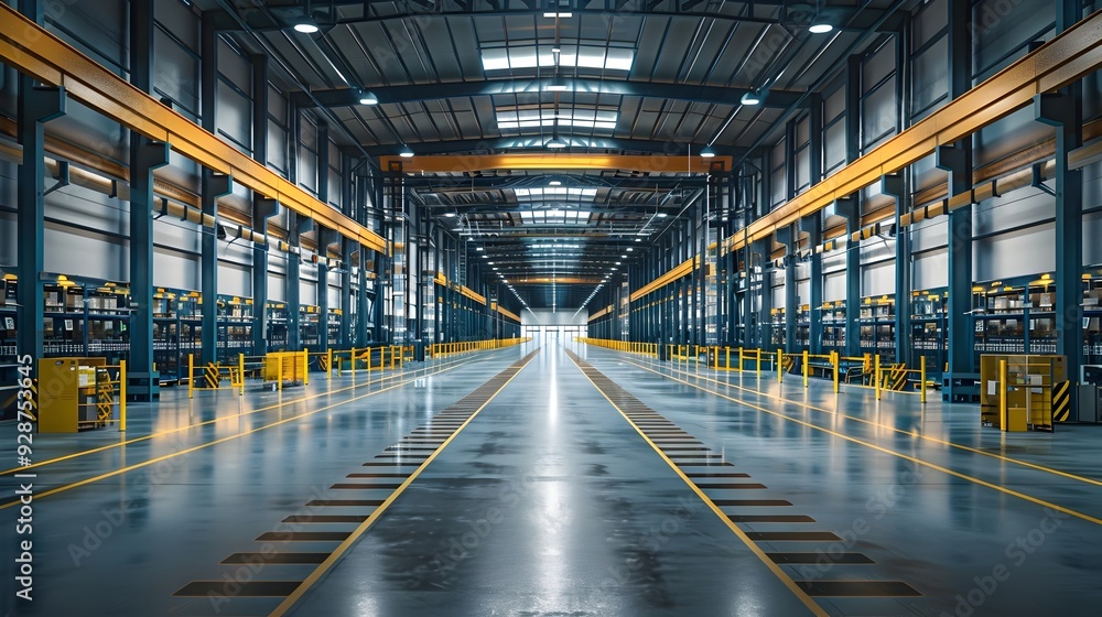 Poster automated warehouse showcase a symmetrical bright and 3d interior highlighting the efficiency and sc