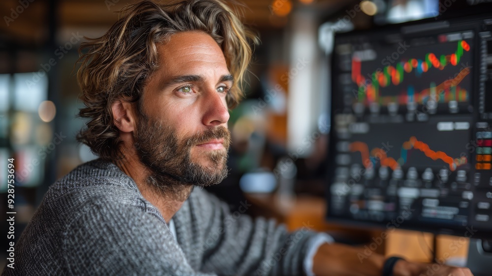 Aufkleber man analyzing stock market data on a computer screen in a modern office during the day