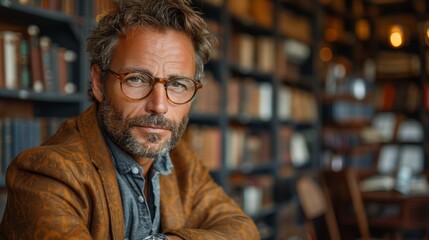 A thoughtful man with glasses seated in a cozy library surrounded by books during the afternoon