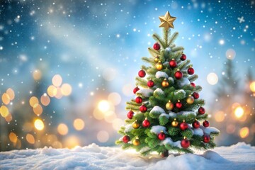 Obraz premium Christmas Magic: A snowy scene with a decorated Christmas tree, glowing lights, and falling snow, evoking the warmth and wonder of the holiday season. 