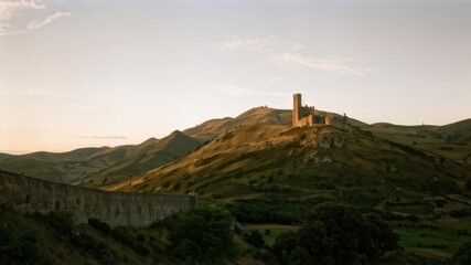 Obraz premium Photorealistic image, photo of old fantasy castle behind a field, AI generated