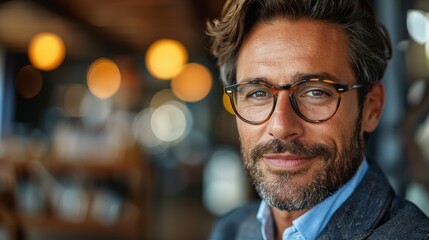 Fototapeta premium A man with glasses smiles while seated in a cozy café during the evening