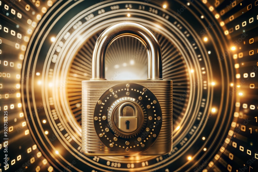 Poster digital fortress: a vintage combination lock guards the gateway to a luminous digital realm, symboli