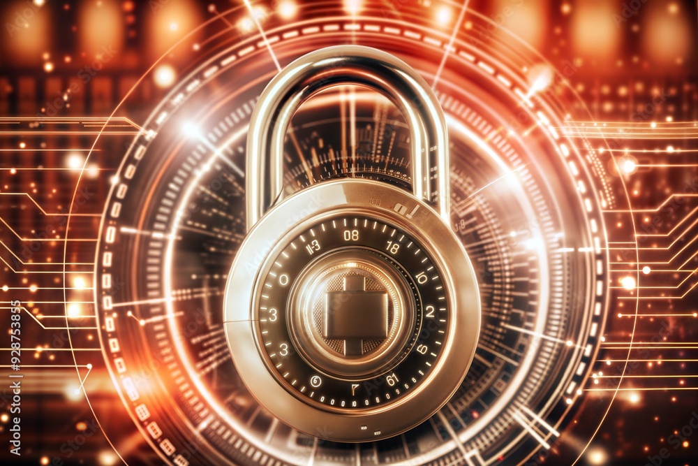 Poster digital fortress: a vintage combination lock guards the gateway to a luminous digital realm, symboli