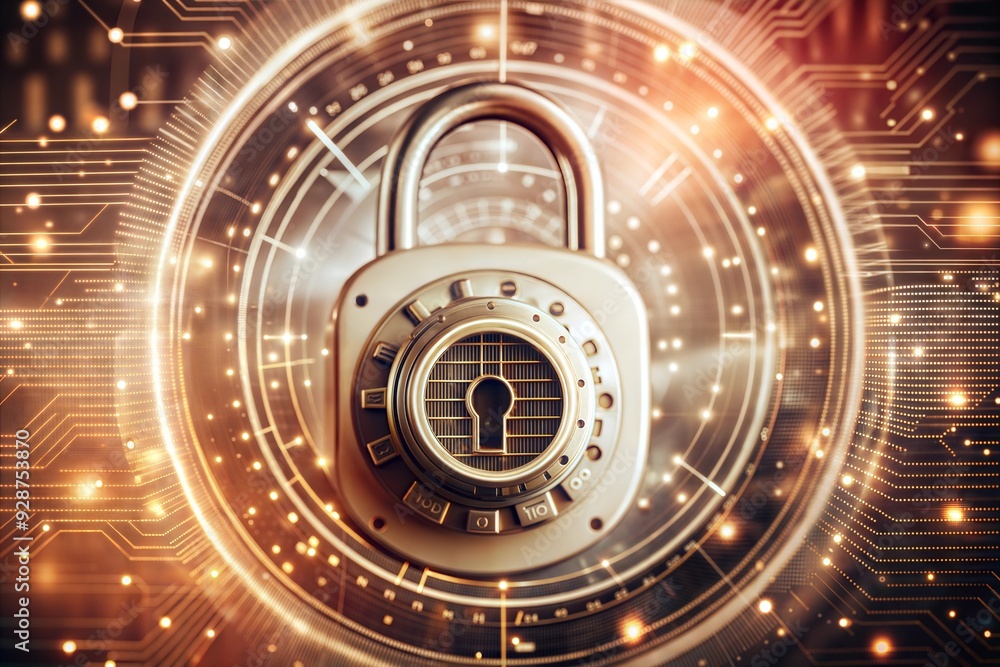 Poster digital fortress: a vintage combination lock guards the gateway to a luminous digital realm, symboli