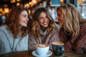 Group of female friends having a coffee together. Three women at cafe, talking, laughing and enjoying their time. Lifestyle and friendship concepts with real people, Generative AI