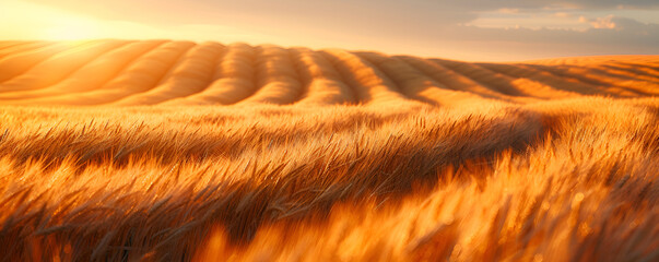 a field of wheat with the sun setting