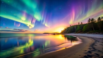 A beautiful aurora sunrise over a peaceful beach, setting the perfect scene for a relaxing summer vacation , aurora, sunrise
