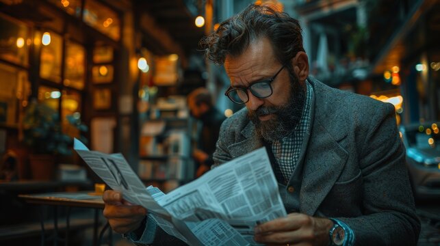 A man reads a newspaper in a cozy café during the evening