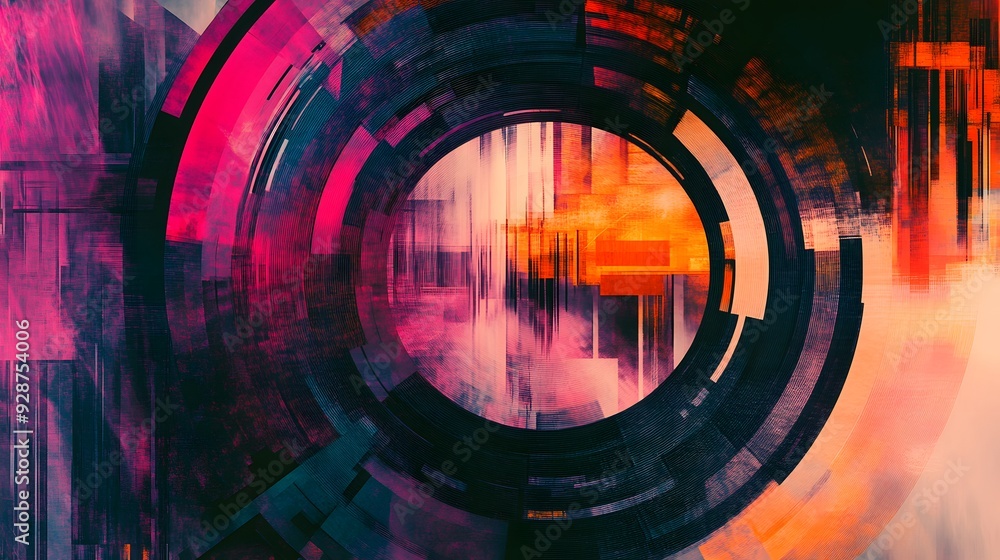Poster abstract art with circular pattern and colorful geometric shapes