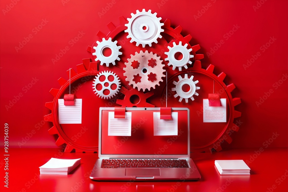 Poster cloud computing powerhouse: a laptop seamlessly integrates with a vibrant red gear system, symbolizi