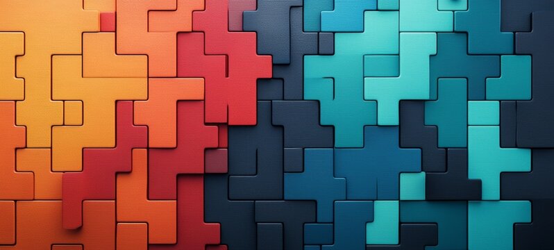 A vibrant display of interlocking puzzle pieces in orange and teal hues, creating a visually striking abstract pattern.