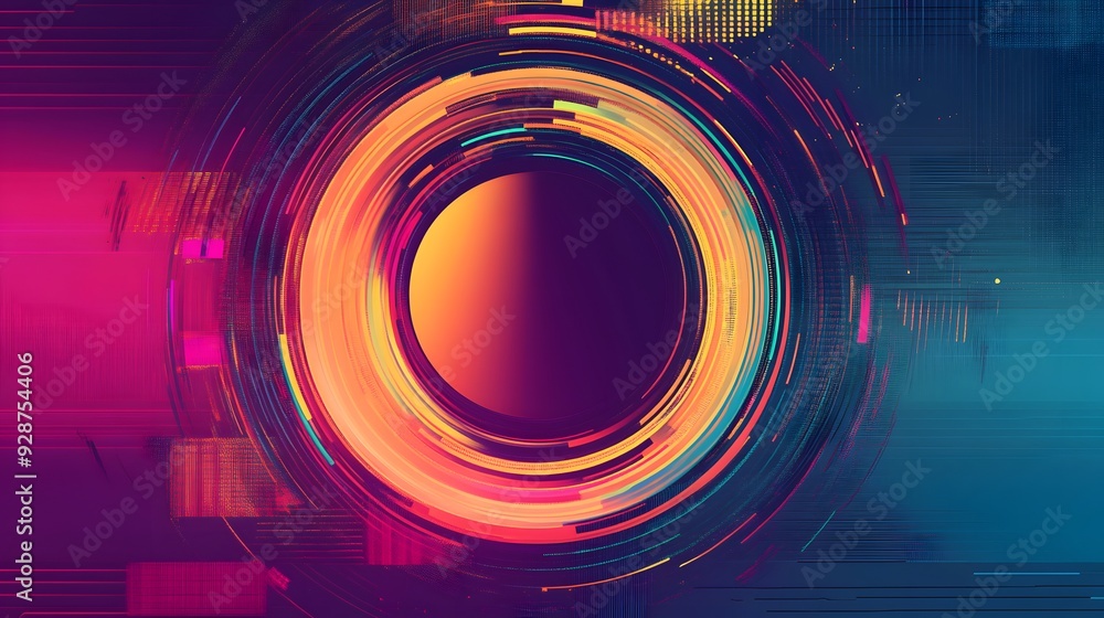 Poster abstract digital art with circular and linear patterns in vibrant colors