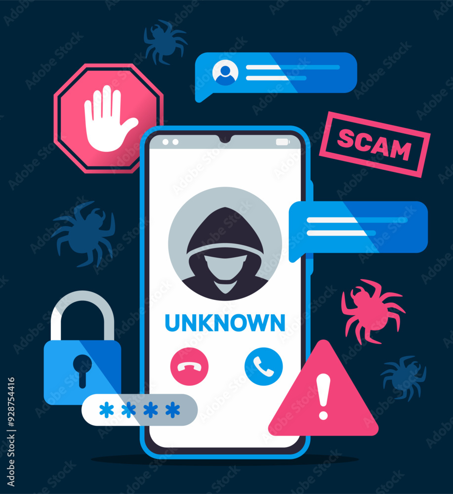 Poster mobile fraud alert. poster with smartphone screen with warning messages about hacker attack and inte