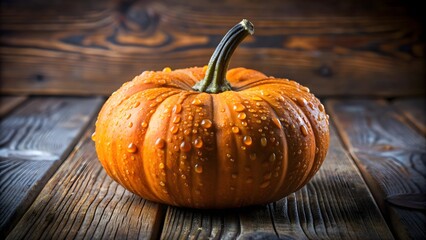 Close-up of fresh pumpkin with water drops on a rustic wooden table, pumpkin, water drops, rustic, wooden table, halloween