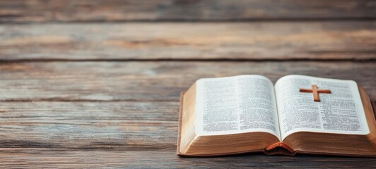 Obraz premium An open Bible on a wooden table, showcasing a cross and beautiful text, symbolizing faith and spirituality.